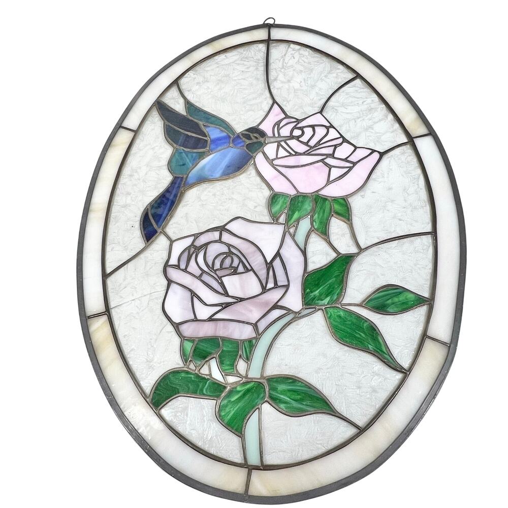 Vintage Oval Stained Glass Hummingbird Rose Window Panel Suncatcher 20x15